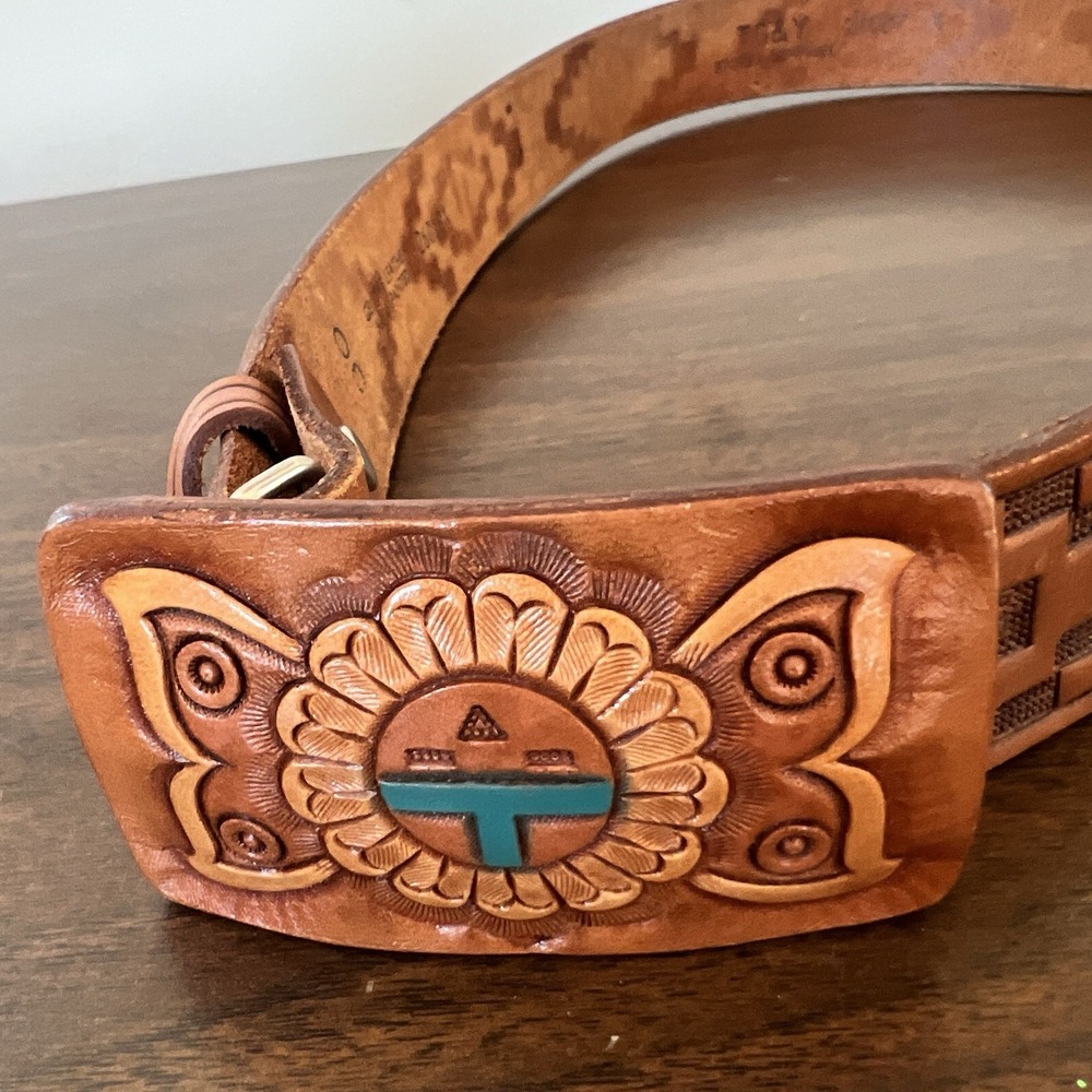 Vintage TG&Y Hand Painted Leather Belt Size 30 Southwest Style Turquoise Accent - Picture 2 of 5